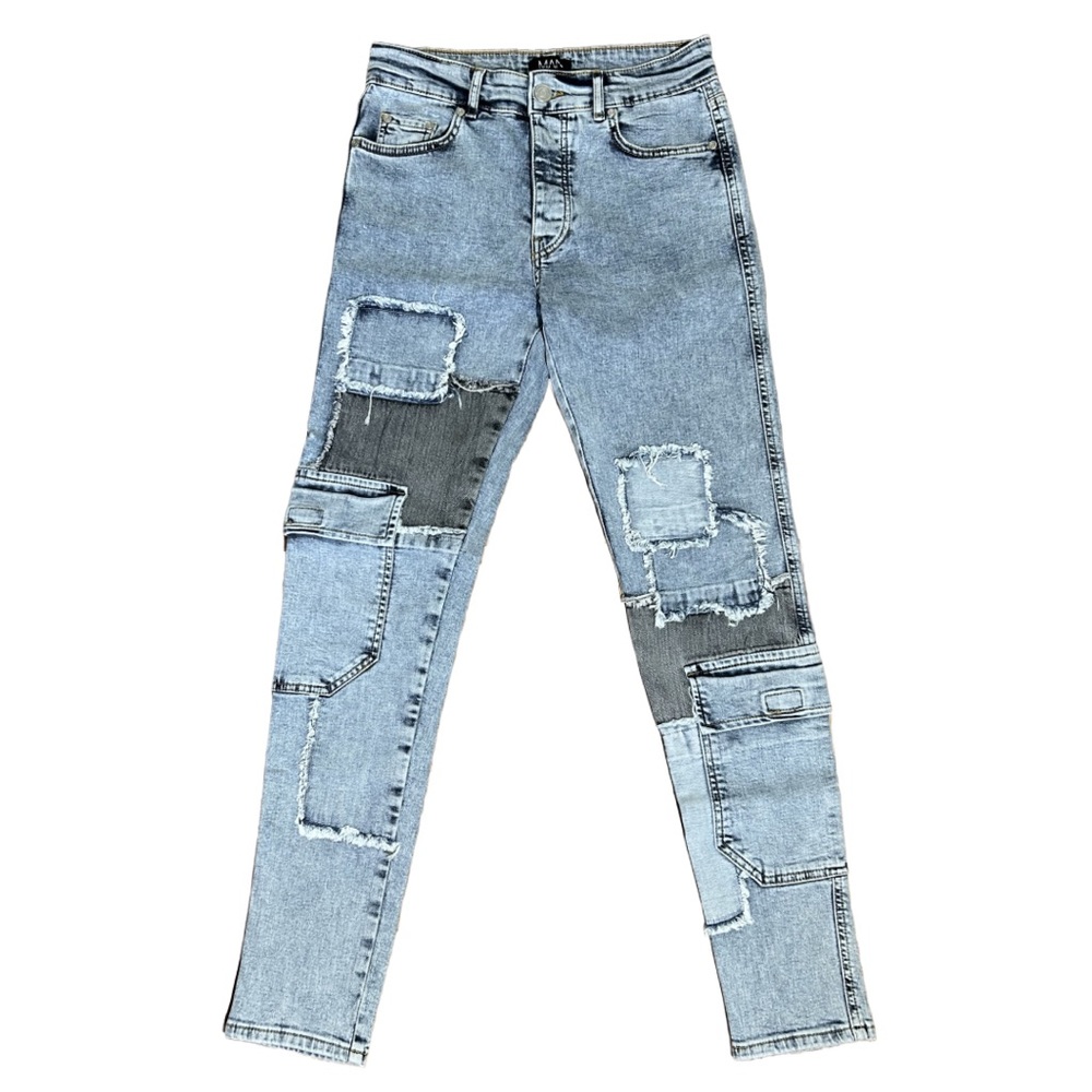 BoohooMAN Men’s Two-Tone Distressed Cargo Blue Denim Jeans Sz 30x31